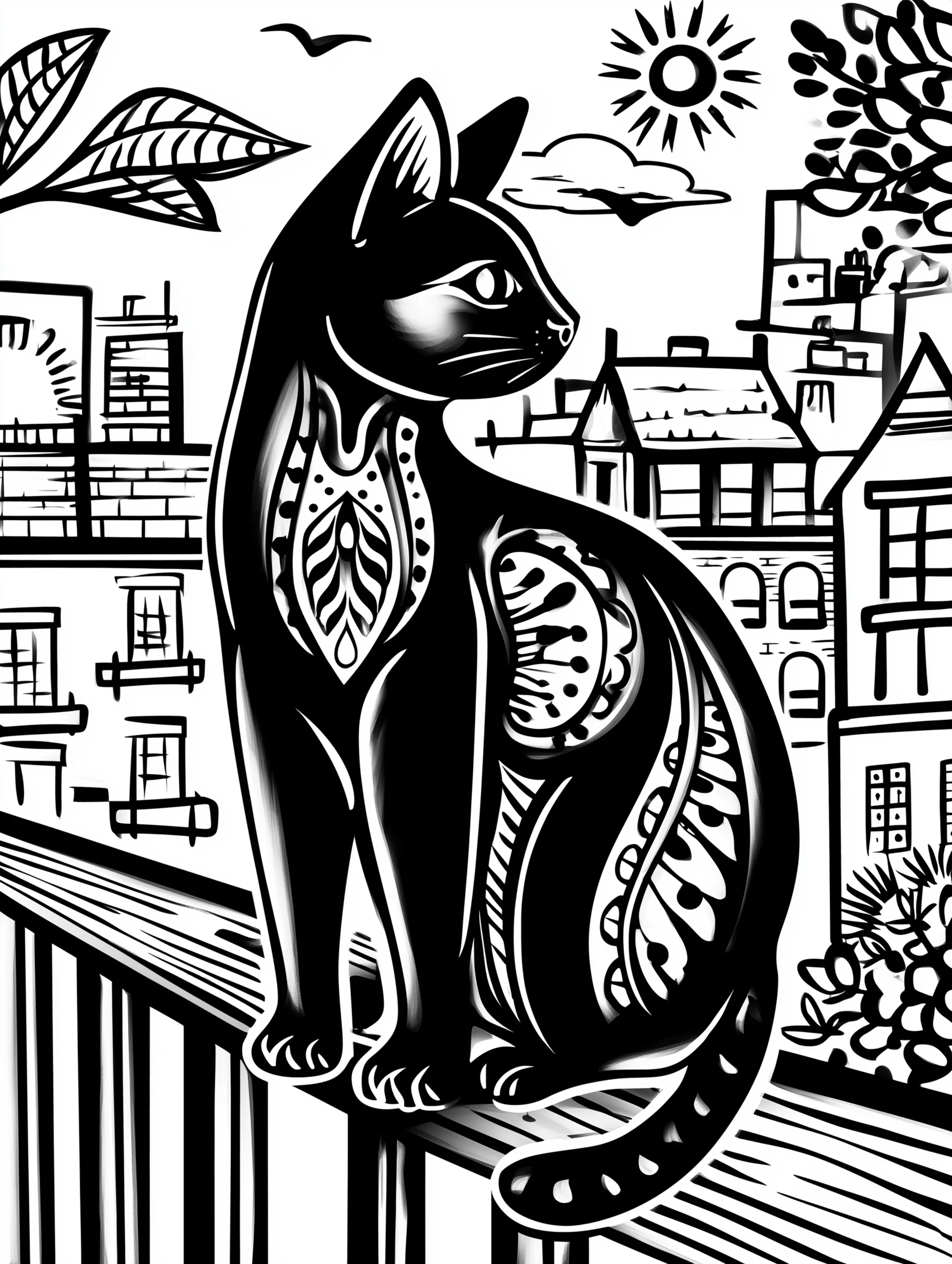 Free printable summer coloring page for adults featuring a black cat on a bannister